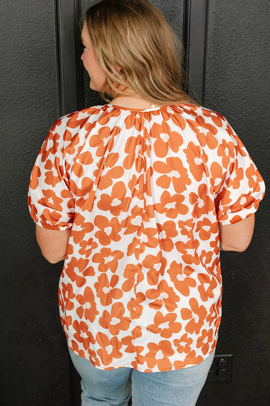 Sky Plus Size Floral Print Drawstring V Neck Short Sleeve Blouse
