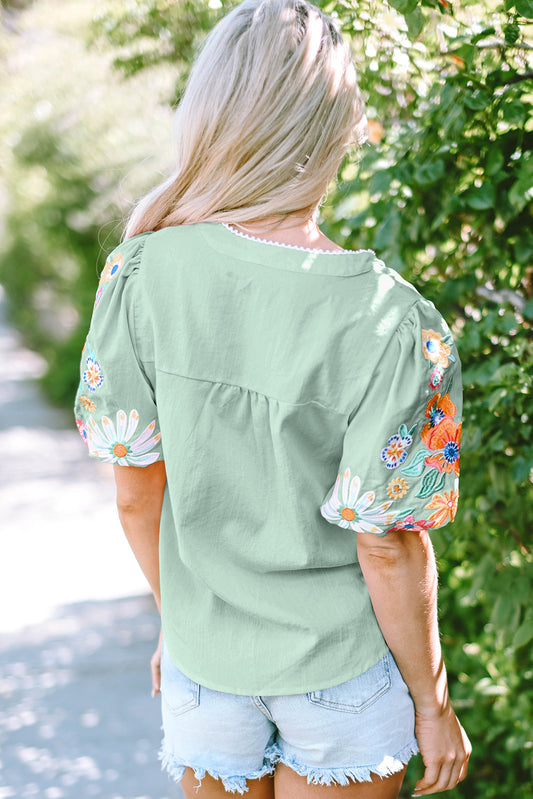 Reya Floral Embroidered Puff Sleeve Split Neck Blouse