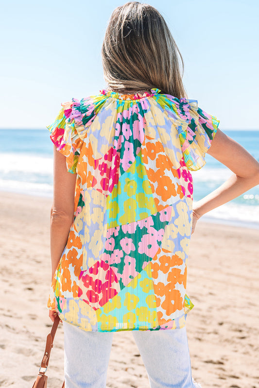 Rosa Flutter Sleeve V Neck Crinkled Blouse