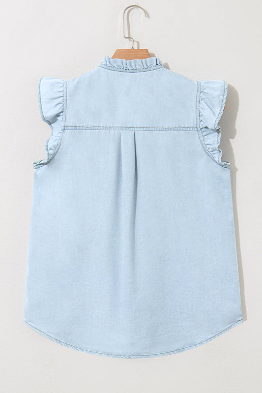 Mazie Mineral Wash Cap Sleeve Frilled Button Up Denim Shirt