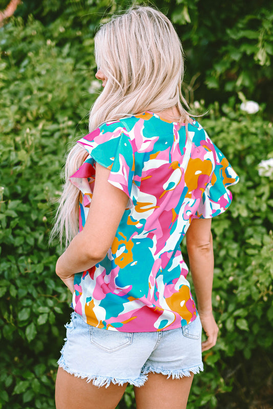 Noemi Notched Neck Flutter Sleeve Blouse