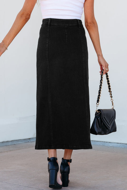 Emberlynn Button Fly Side Split High Waist Denim Midi Skirt