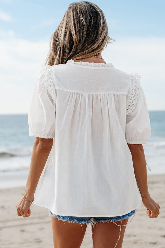 Ivory Embroidered Lace Tie Blouse