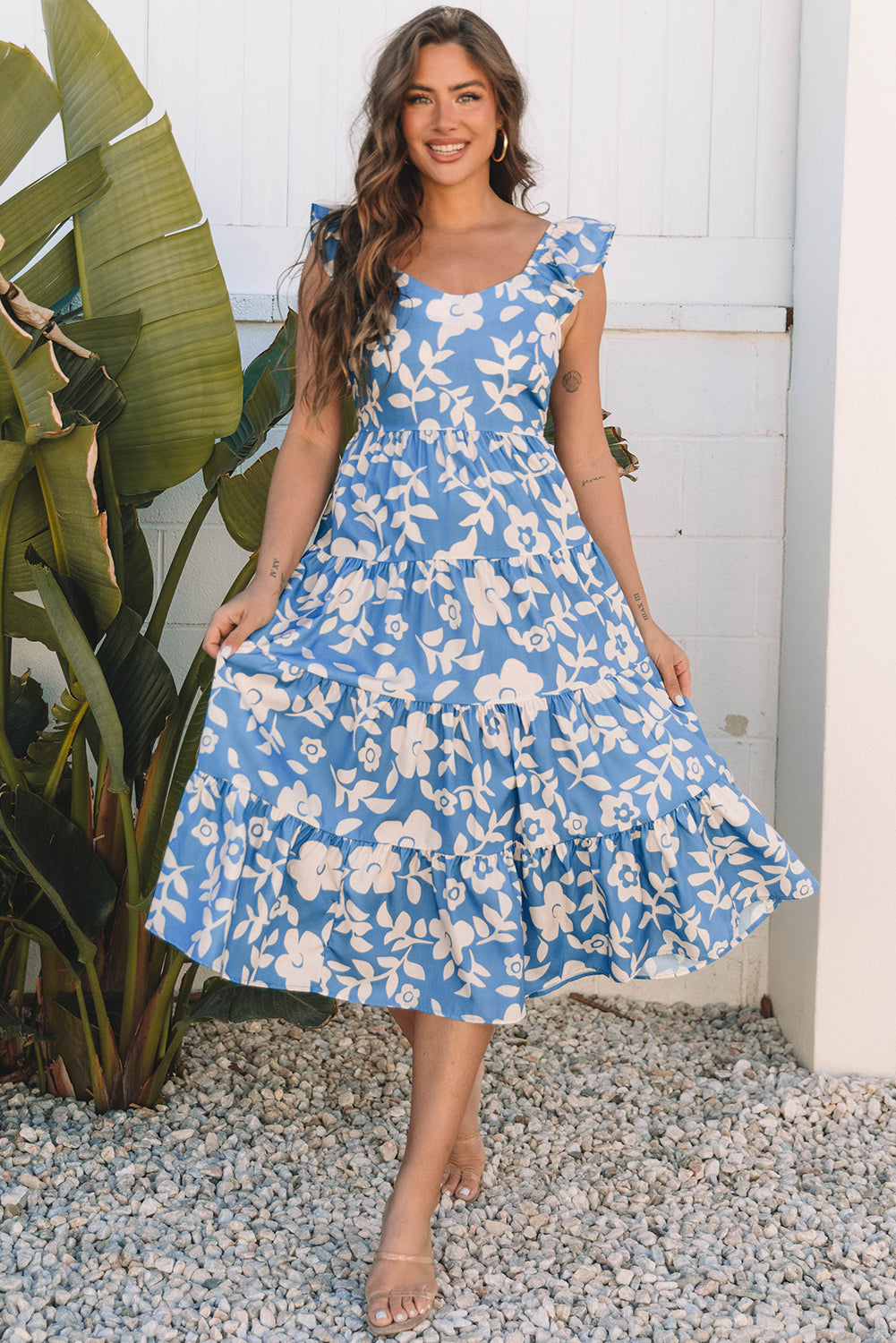 Henley Floral U Neck Flutter Shoulder Tiered Midi Dress