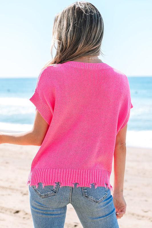 Janelle Distressed Hem Short Sleeve Button Sweater