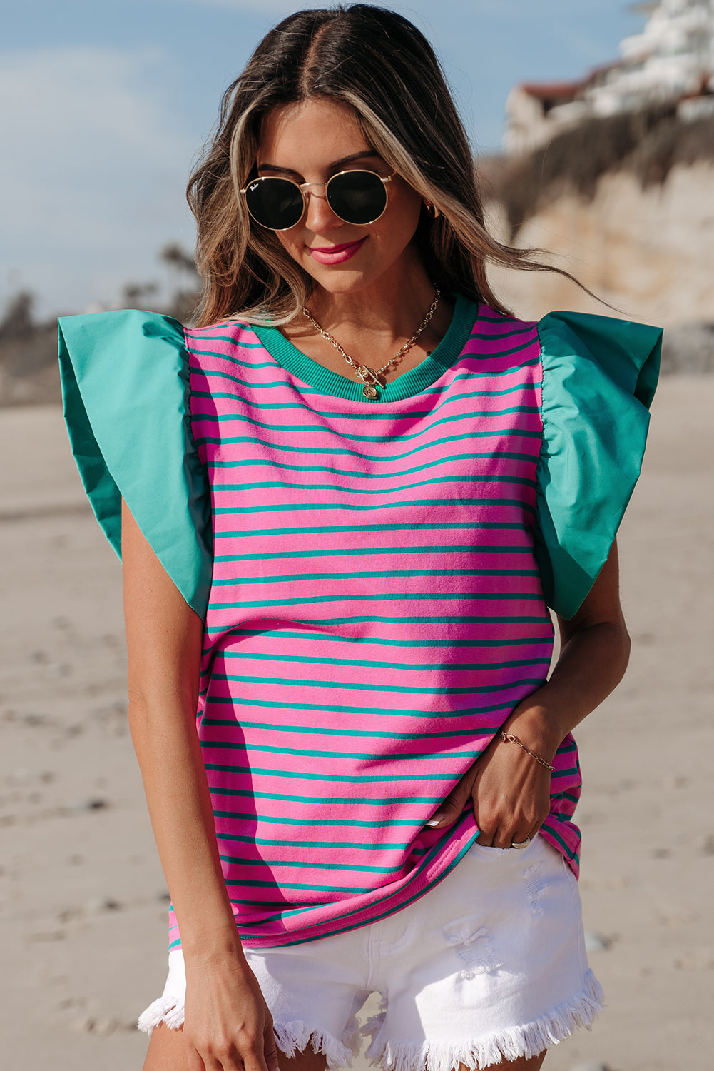 Adrianna Stripe Ruffled Sleeve Crew Neck Blouse