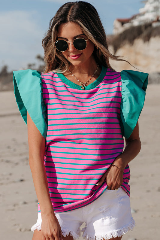 Adrianna Stripe Ruffled Sleeve Crew Neck Blouse