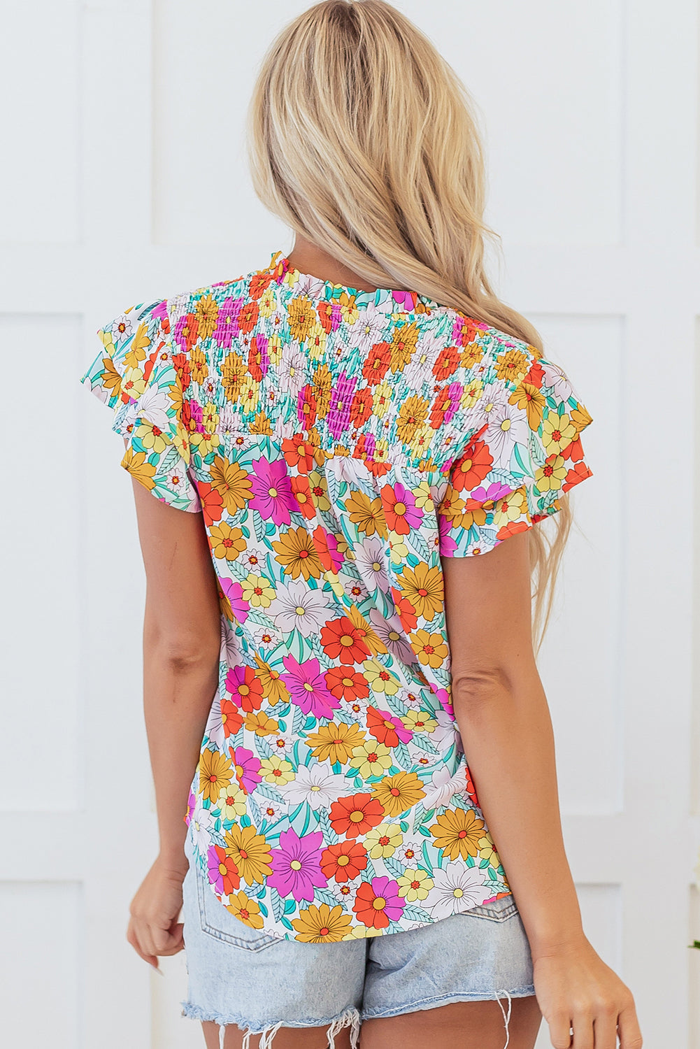 Leslie Floral Shirred Tiered Ruffled Sleeve Blouse