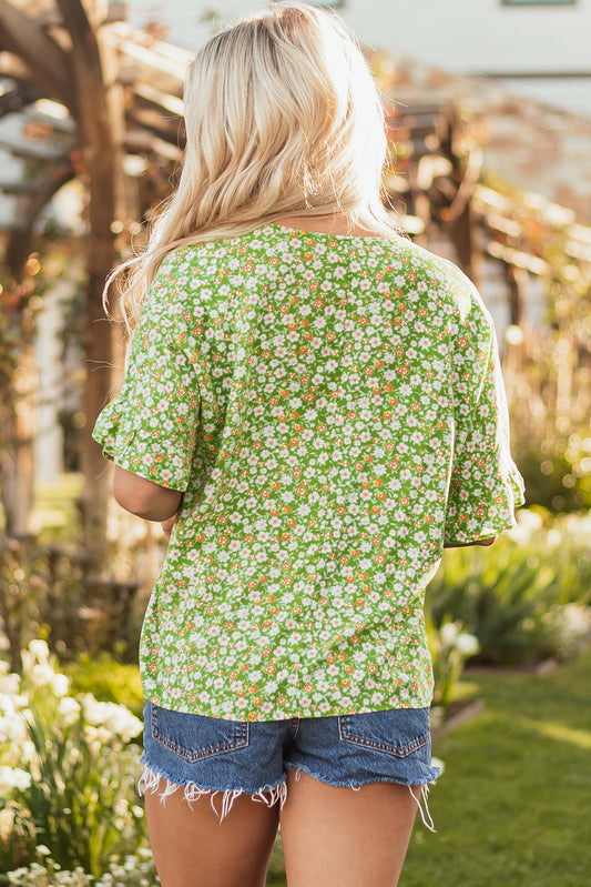 Yusra FloralRuffle Sleeve V Neck Blouse