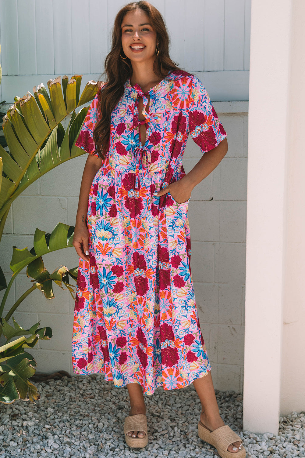 Hannah Floral Tied Front High Waist Long Dress