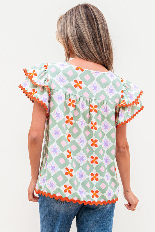 Belen Floral Layered Flutter Sleeve Rac Trim Blouse