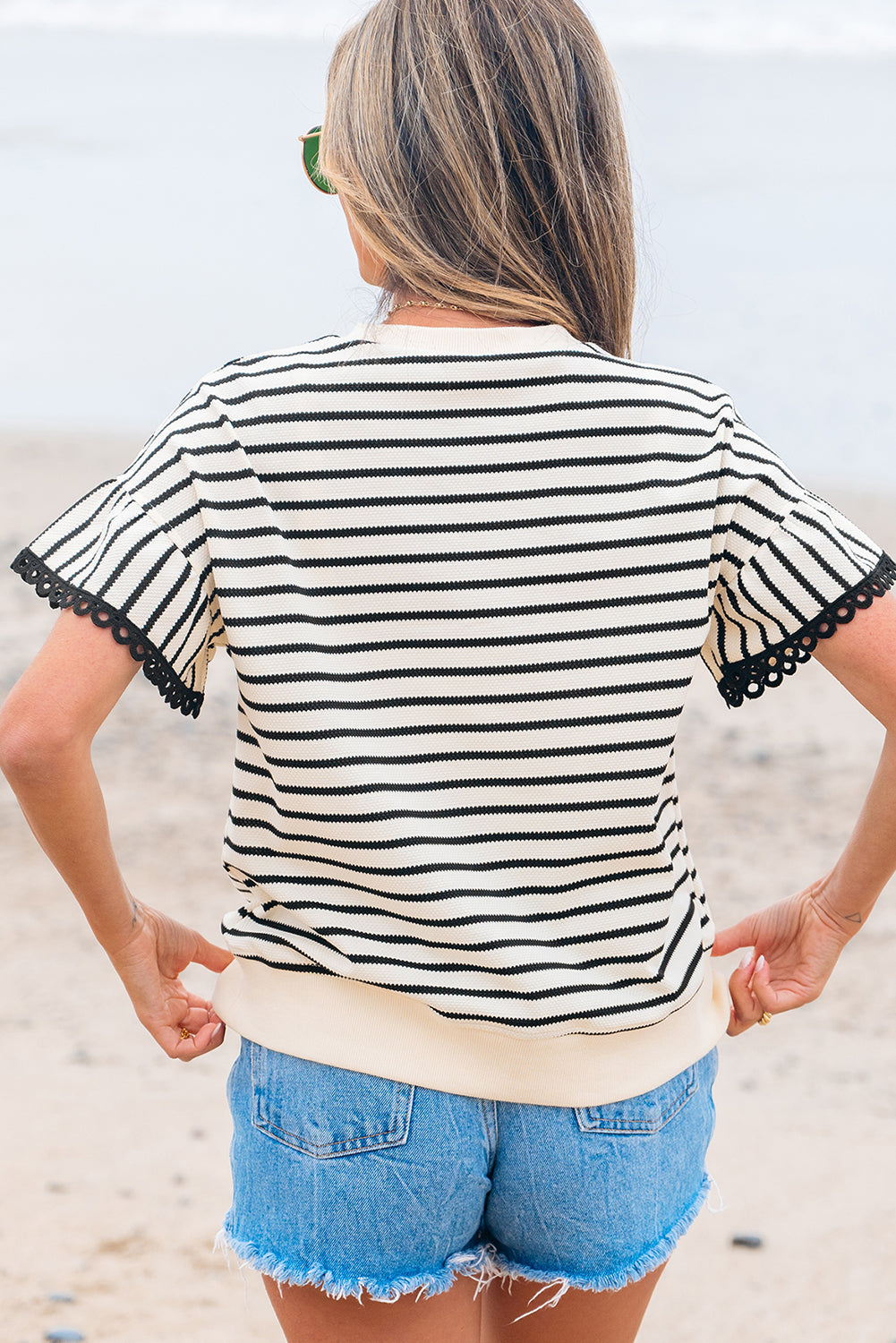 Naya Scallop Lace Trim Ruffle Short Sleeves Top