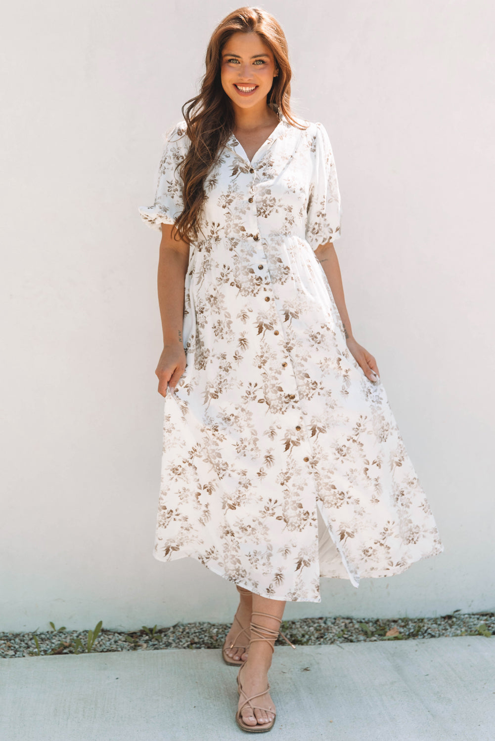 Iliana Floral Puff Sleeve V Neck Buttoned Front Maxi Dress