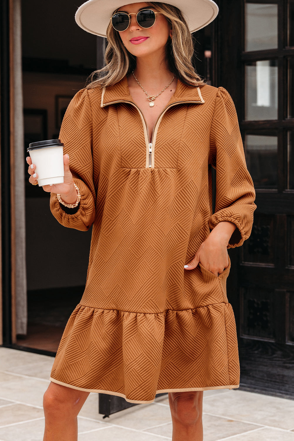 Danielle Zip Collar Textured Mini Dress
