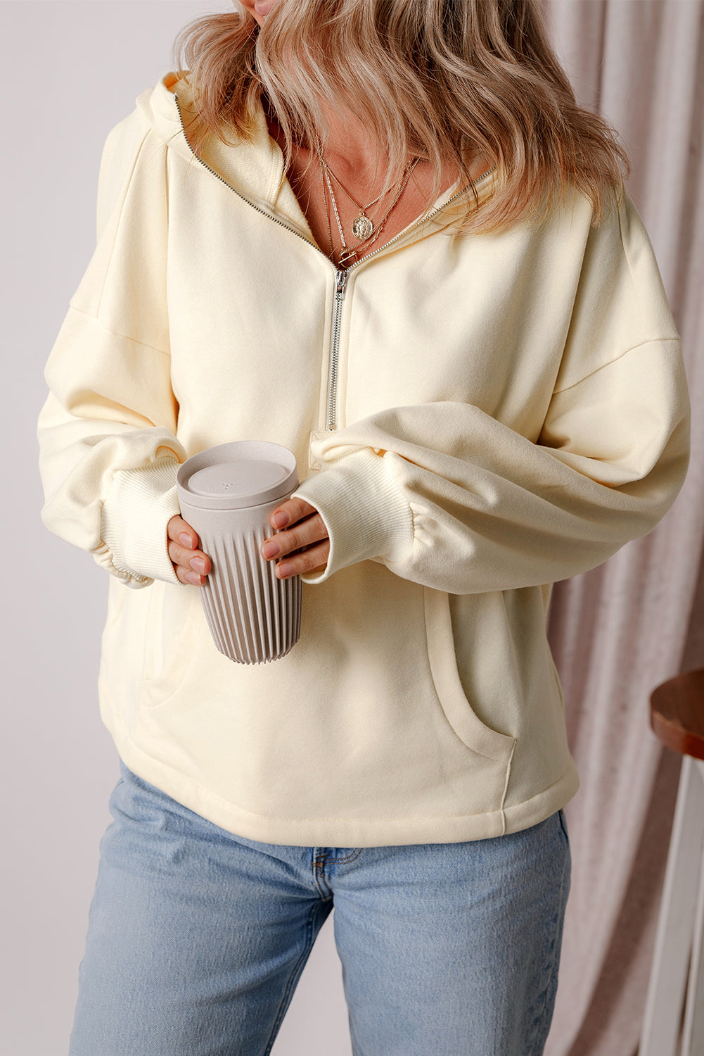Kate Fleece Lined Half Zipper Kangaroo Pockets Loose Hoodie