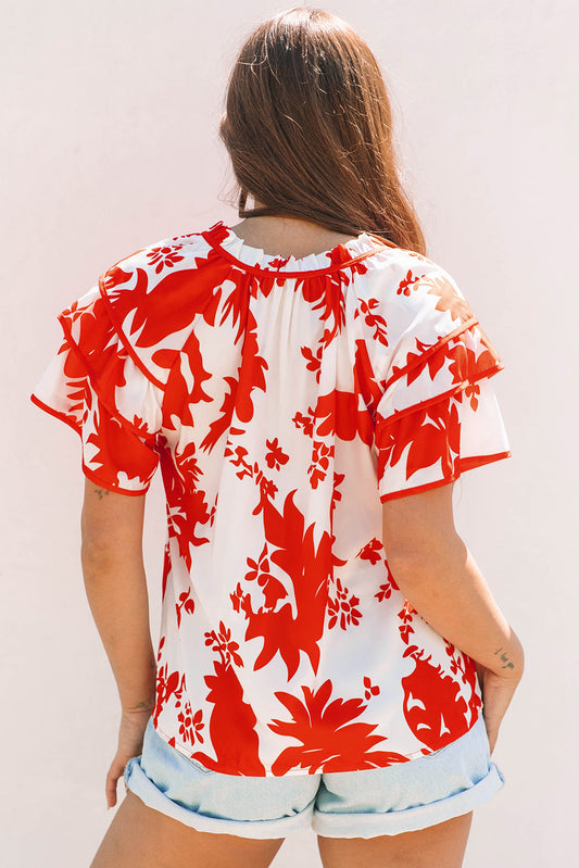 Zoya Tiered Ruffled Sleeve V Neck Blouse