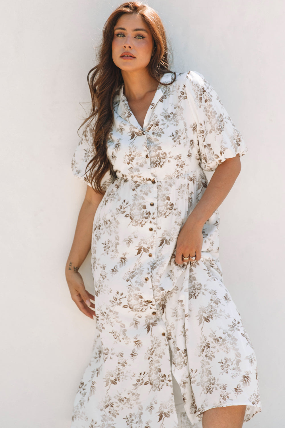 Iliana Floral Puff Sleeve V Neck Buttoned Front Maxi Dress