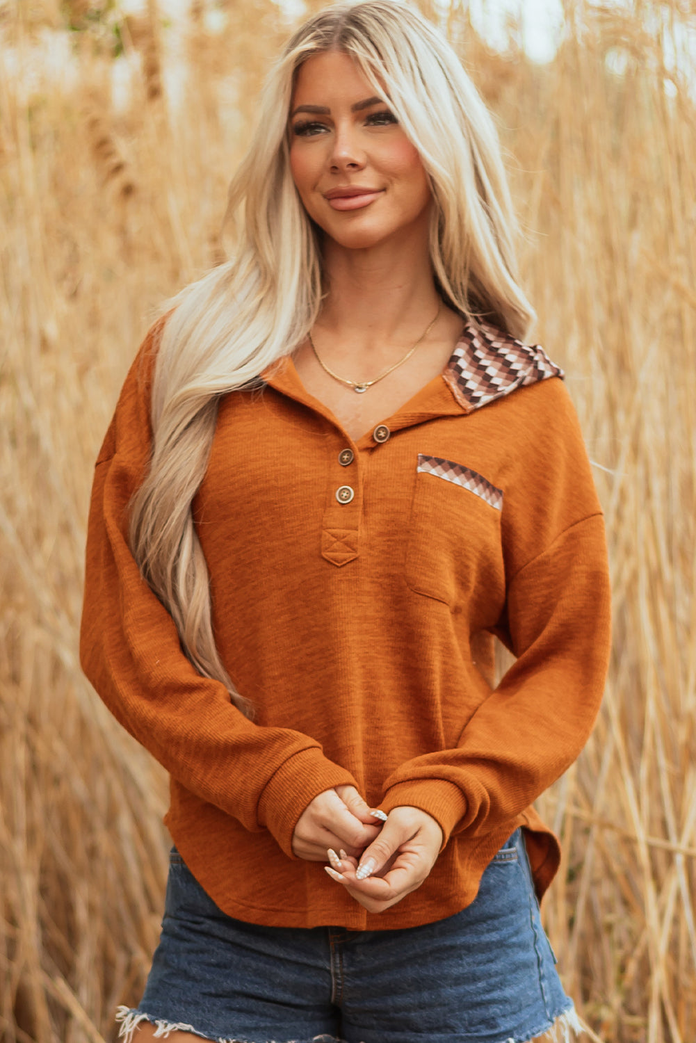 Payton Plaid Hood Patchwork Chest Pocket Henley Top