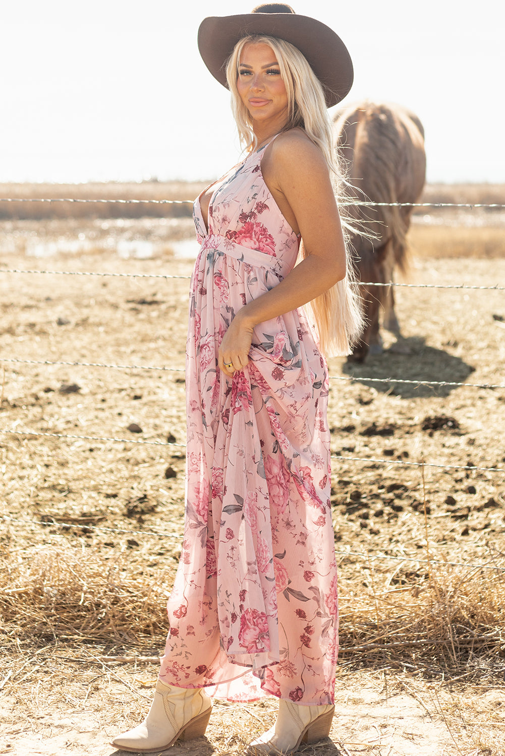 Jenesis Floral Pleated Maxi Dress