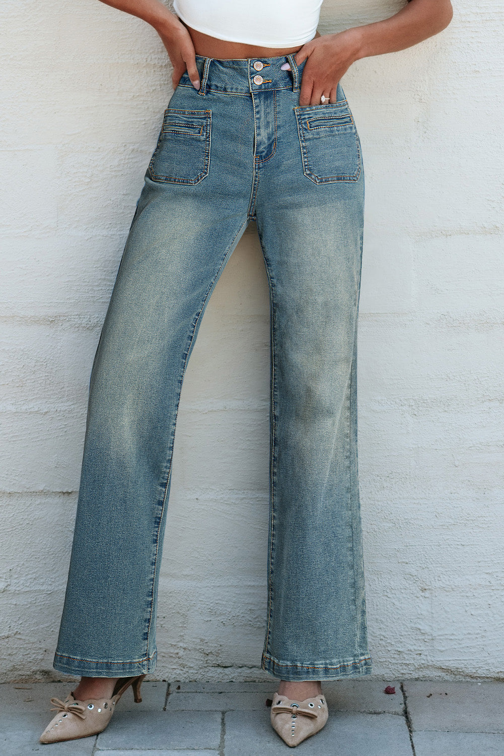 Amyra Double Button Patch Pocket Flare Leg Jeans