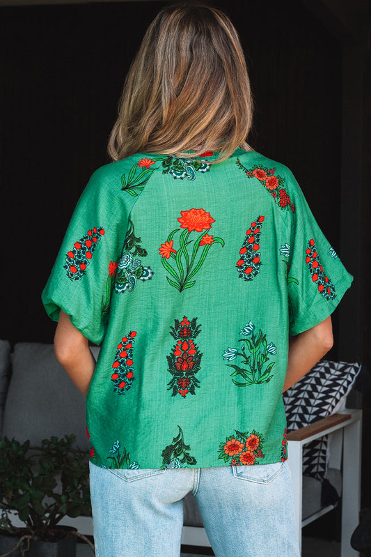 Penelope Floral Buttoned V Neck Short Sleeve Blouse