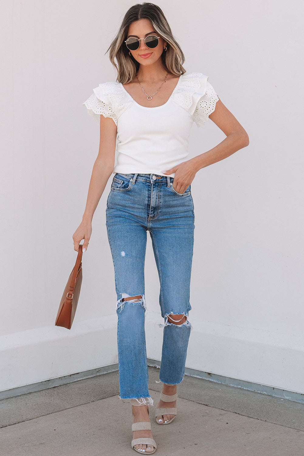 Andi Eyelet Ruffle Sleeve Slim Fitted Top