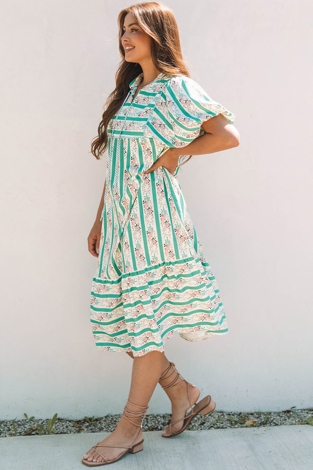 Billie Striped Floral Tie Split Neck Puff Sleeve Midi Dress