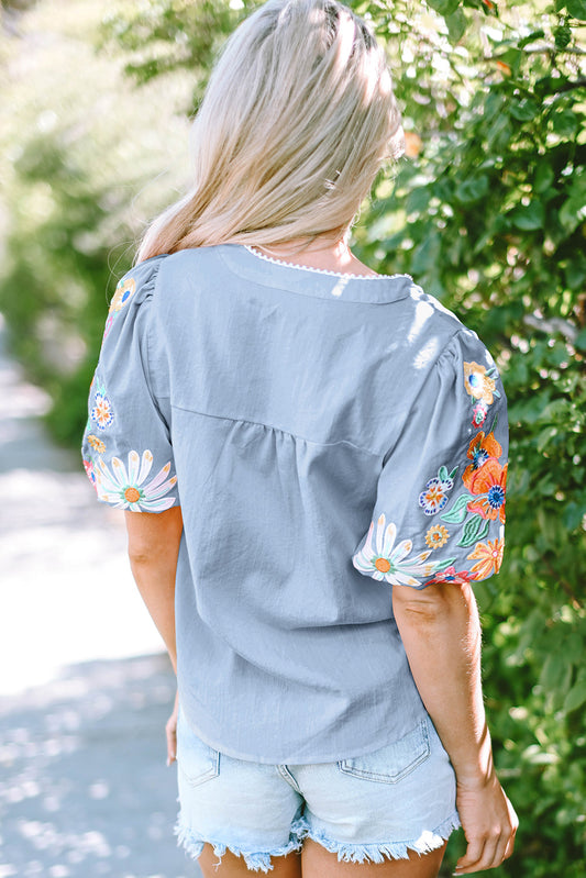 Hadlee Floral Embroidered Puff Sleeve Split Neck Blouse