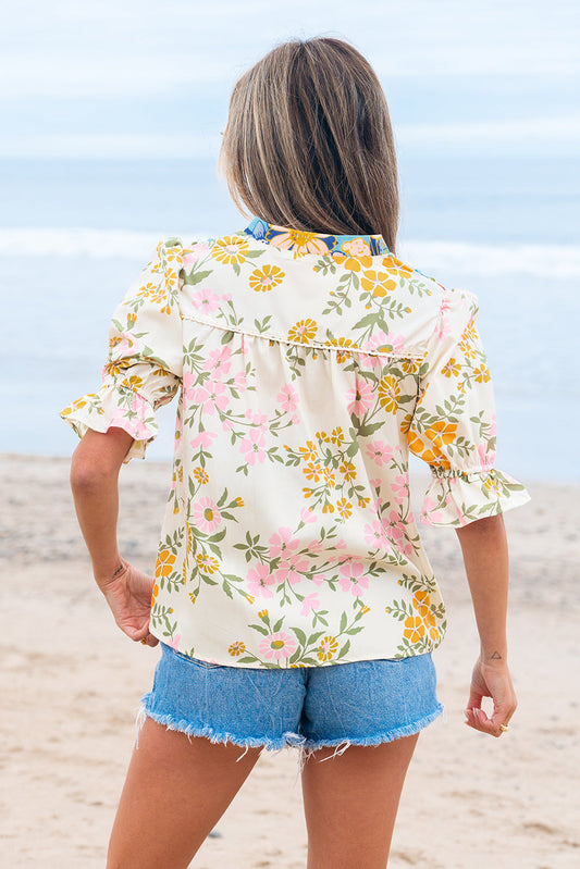 Gwen Crochet V Neck Boho Floral Blouse