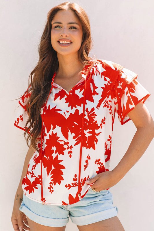 Zoya Tiered Ruffled Sleeve V Neck Blouse