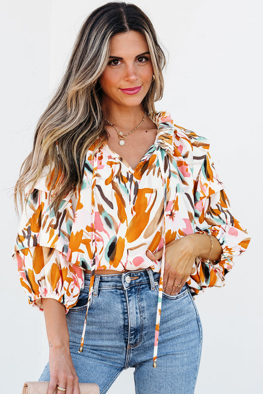 Aurelia Drawstring Frilled V Neck 3/4 Sleeve Blouse