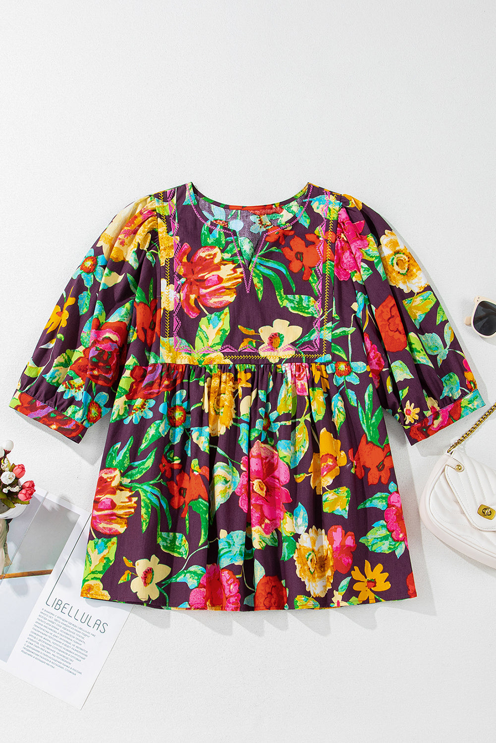 Adhara Flower Embroidered Trim Half Sleeve Blouse