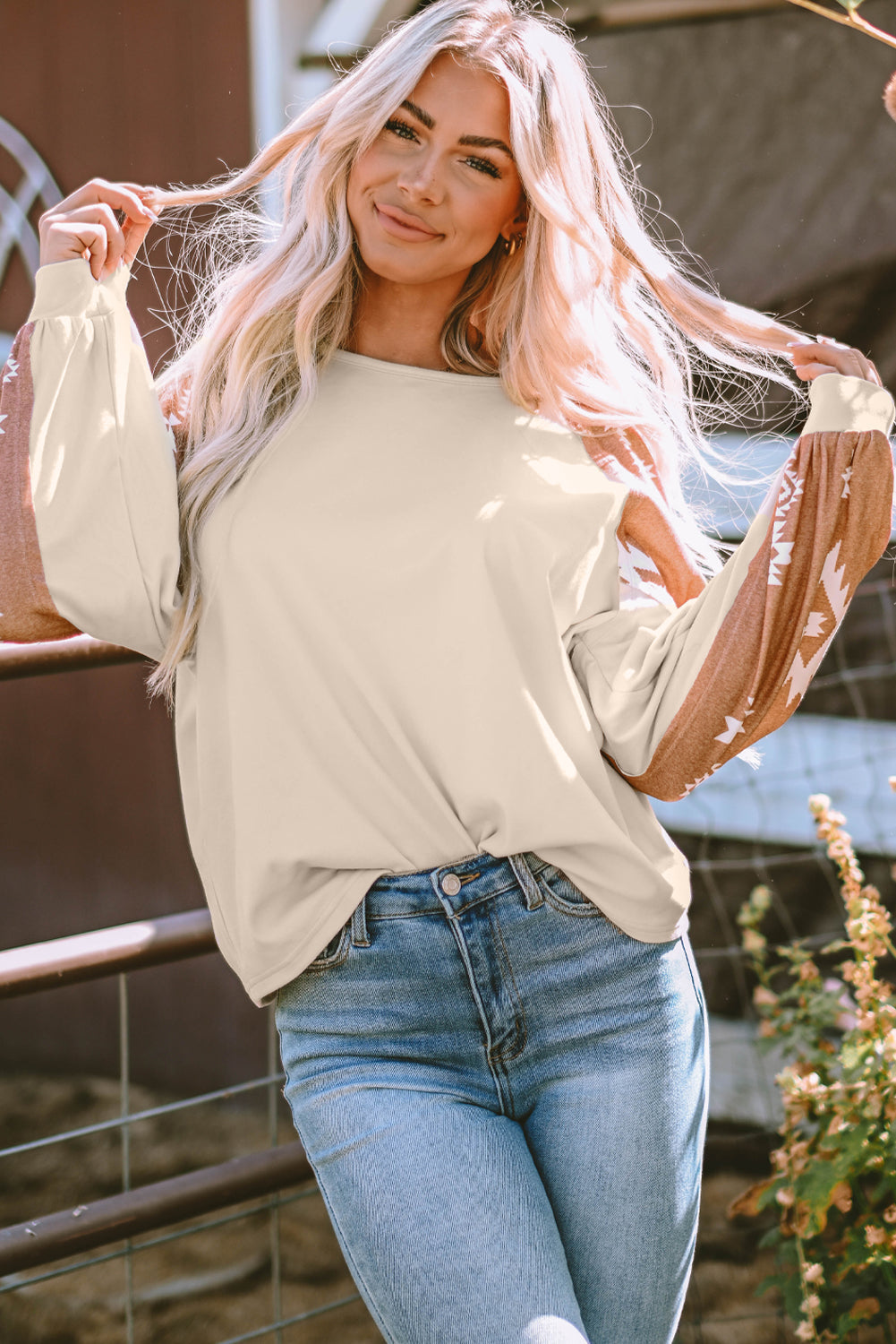 Mila Western Print Patch Long Sleeve Top