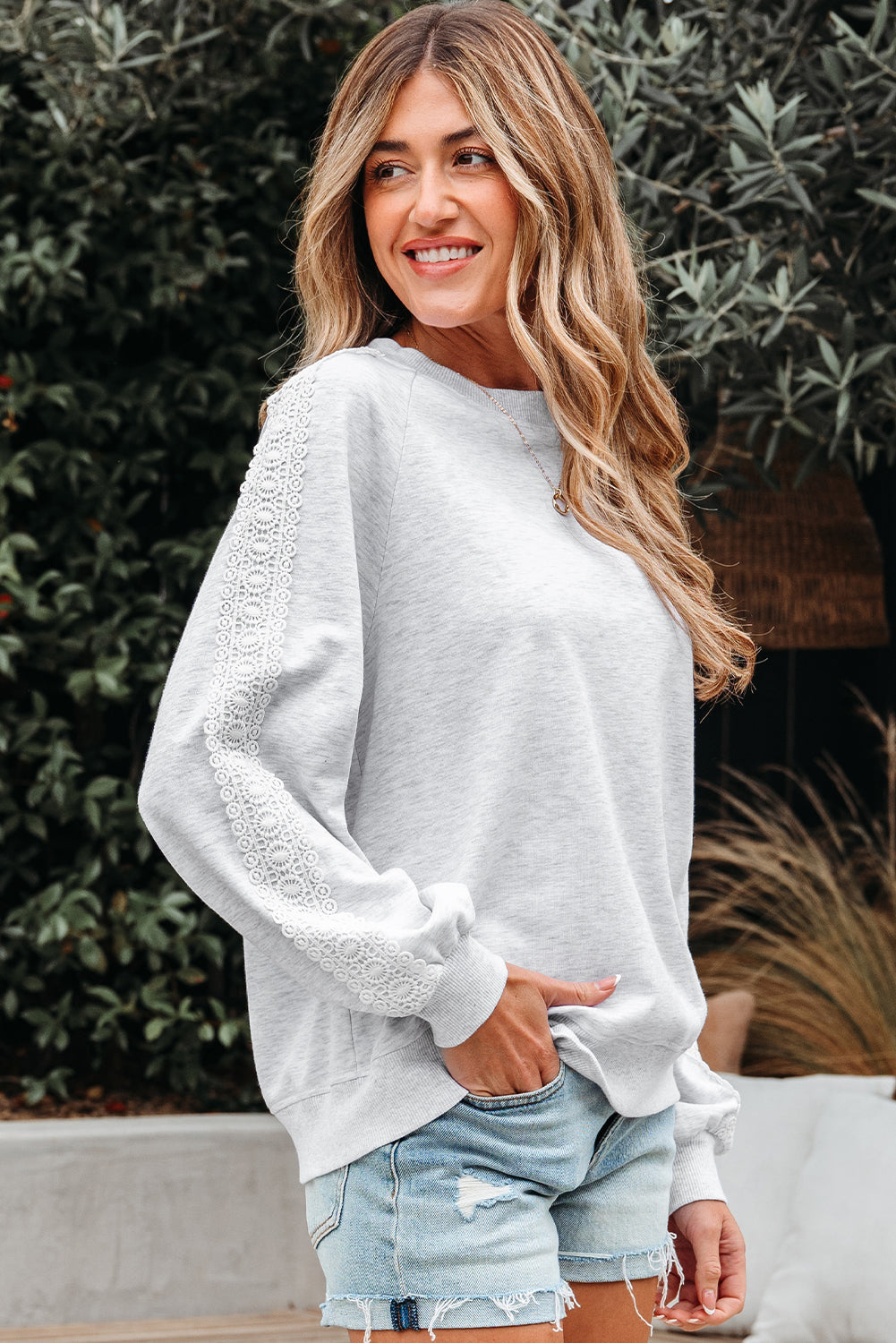 Peyton Lace Patchwork Raglan Sleeve Crew Neck Sweatshirt