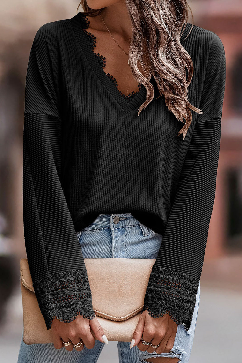 Lola Ribbed Texture Lace Trim V Neck Long Sleeve Top
