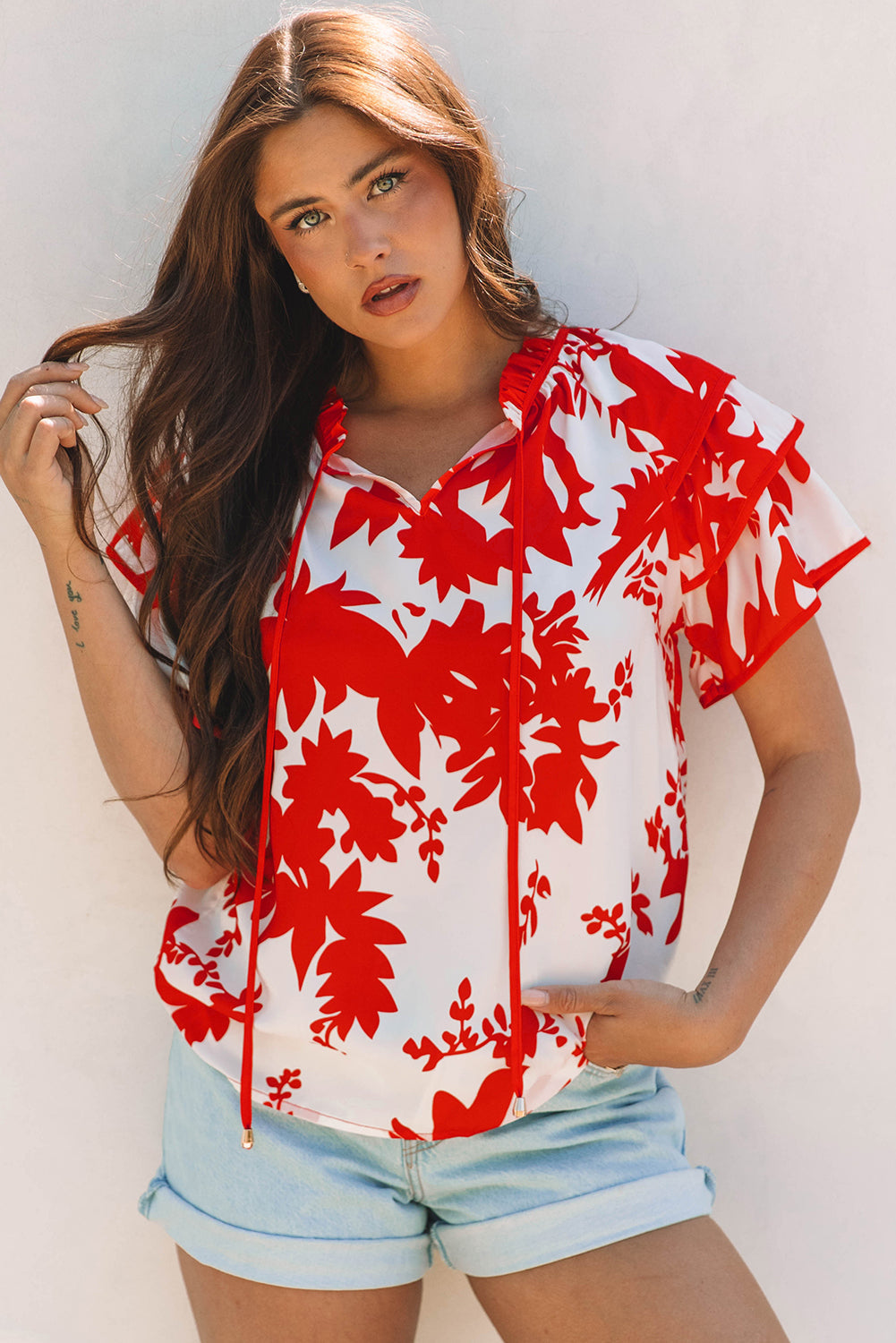Zoya Tiered Ruffled Sleeve V Neck Blouse