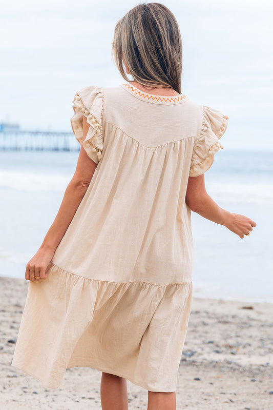 Meredith Embroidery Split Neck Short Dress