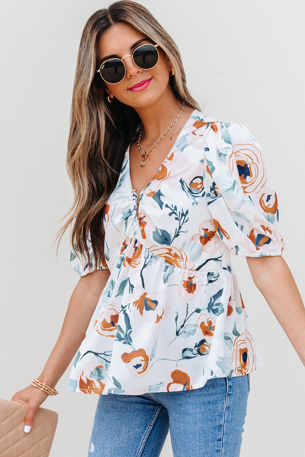 Salome Floral Puff Sleeve V Neck Babydoll Blouse