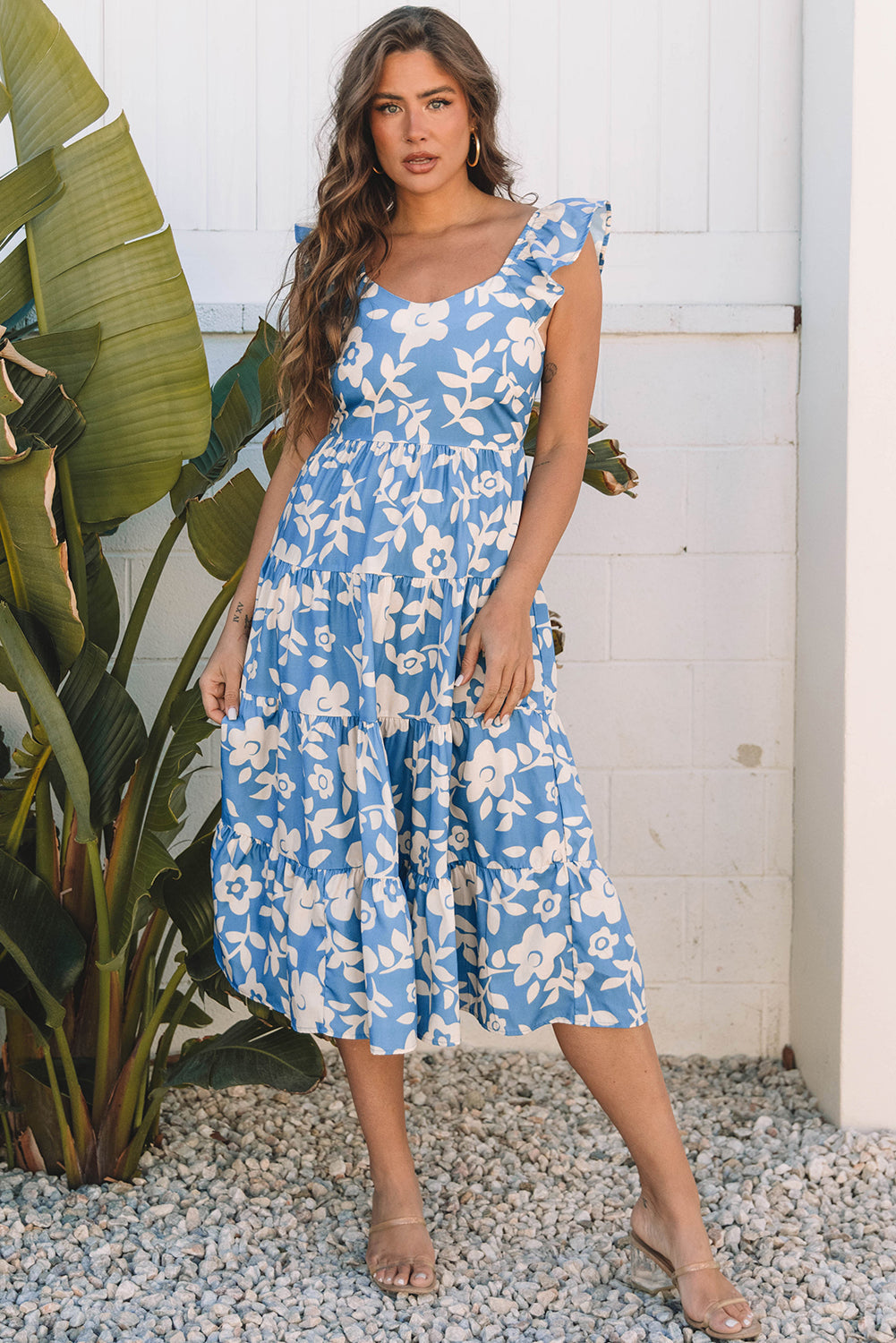 Henley Floral U Neck Flutter Shoulder Tiered Midi Dress