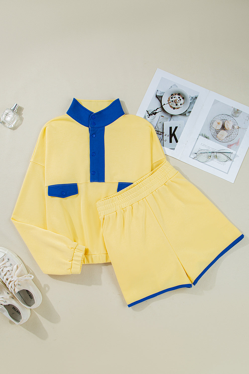 Shelby Patchwork Half Button Pullover and Shorts Outfit