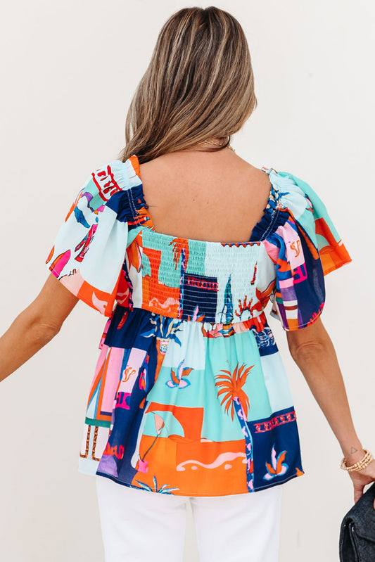 Payton Tropical Flutter Sleeve Babydoll Blouse