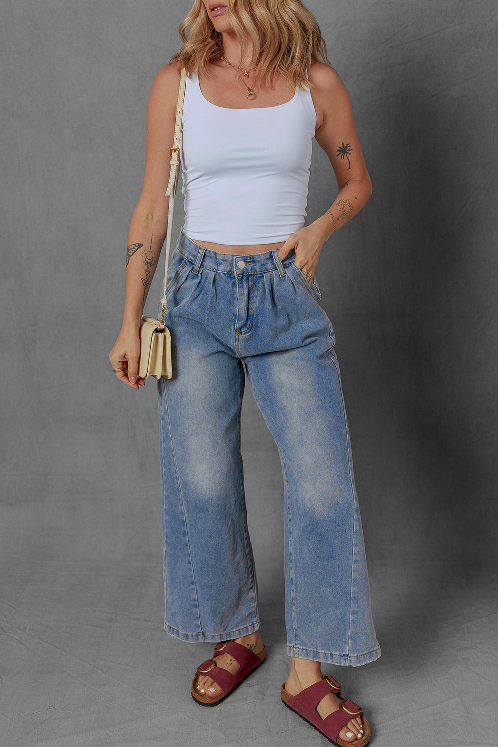 Scottie Blue Washed Pleated Detail Wide Leg Jeans